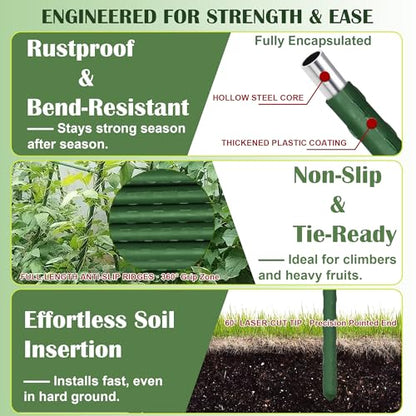 FORUP Garden Stakes, 25 Pack Steel Plant Stakes with Plastic Coating for Climbing Plants, Tomato Eggplant Bean Support, Rust-Resistant Outdoor Garden Stakes (48 Inch)