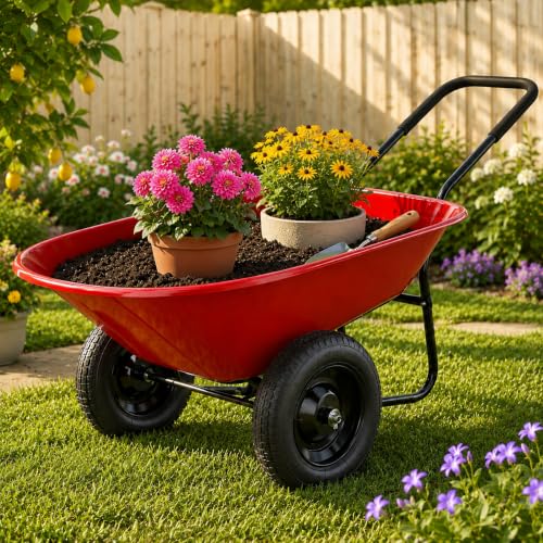 Enlarged Dual-Wheel Wheelbarrow, Easy Loading and Dumping Garden Cart, Heavy Duty Utility Dump Cart for Lawn, Yard, Farm, Gardening & Planting (Red) - color: Red