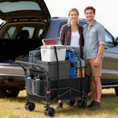 LEVELEVE Heavy Duty Folding Wagon - 2-in-1 Collapsible Cart, All-Terrain Wheels w/Brakes & Side Pockets (Black, 650lb Capacity) - color: Black, size: Large