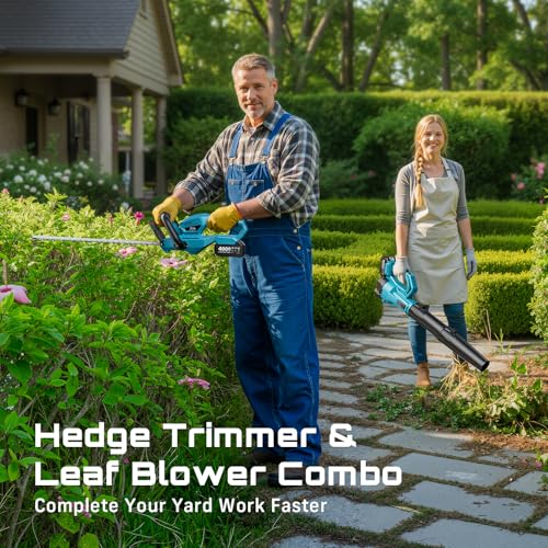 SEESII Cordless Hedge Trimmer and Leaf Blower Combo, 2 Pcs 4.0Ah Batteries, Electric Handheld Bush Trimmer with 20" Dual-Action Blade, Lightweight Brushless Blower with 2 Speed Modes for Yard Garden - color: Dark Blue