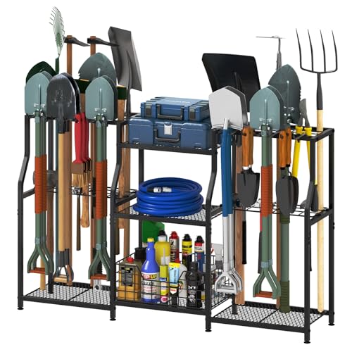 keomaisyto Garden Tool Organizer, Heavy Duty Yard Tool Tower Rack for Garage Organization and Storage, 3 Tier Utility Garden Tool Rack with hooks for Garden/Shed/Garage/Yard/Basement/Lawn - size: XXL-48.45"W x 11.42"D x 30.32"H