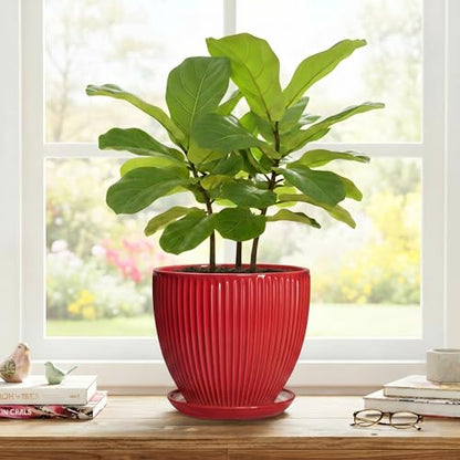 Ceramic Flower Pots 8 Inch, Ceramic Planters with Saucer, Red - color: Red, size: 8 Inch