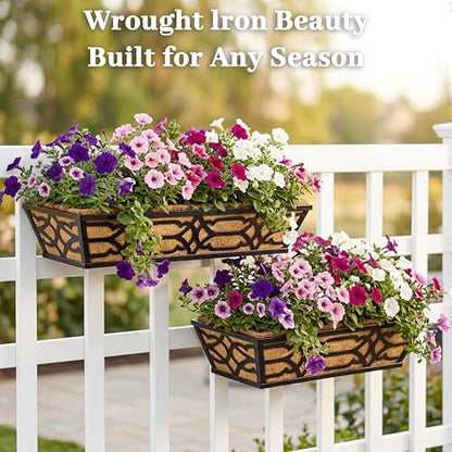 2 Pack 30 Inch Railing Planter Boxes with Coco Liner, Large Metal Window Boxes Planters for Deck Railing, Extra Wide Hanging Horse Trough for Outdoor Plants and Balcony Rails - size: 30 Inch