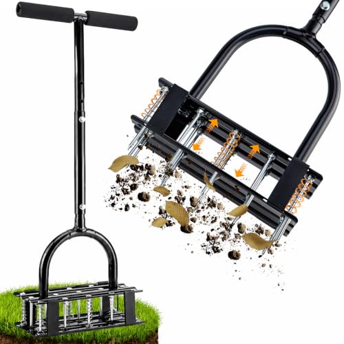 Lawn Aerator - 2-in-1 Manual Aerator with Automatic Dirt and Leaf Clean, Heavy-Duty Reinforced 15 Spikes & Ergonomic T-Handle for Lawn Maintenance, Garden Care, Yard Work (Black)