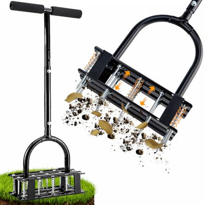 Lawn Aerator - 2-in-1 Manual Aerator with Automatic Dirt and Leaf Clean, Heavy-Duty Reinforced 15 Spikes & Ergonomic T-Handle for Lawn Maintenance, Garden Care, Yard Work (Black)