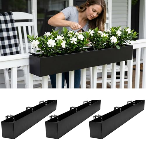 LaLaGreen Railing Planter Box (36 Inch, 3 Pack) Black Metal Rectangular Hanging Flower Boxes with Brackets, Large Planters for Outdoor Plants Deck Railings Fence Balcony Patio Porch Over Rail Garden - size: 36" x 3 Pack