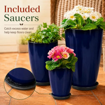 Neoaider Set of 3 Tall Planter, 24/21/12in Large Plastic Planter, Blue - color: Blue