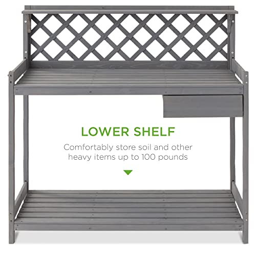 Best Choice Products Outdoor Garden Potting Bench, Wooden Workstation Table w/Cabinet Drawer, Open Shelf, Lower Storage, Lattice Back - Gray