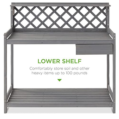 Best Choice Products Outdoor Garden Potting Bench, Wooden Workstation Table w/Cabinet Drawer, Open Shelf, Lower Storage, Lattice Back - Gray