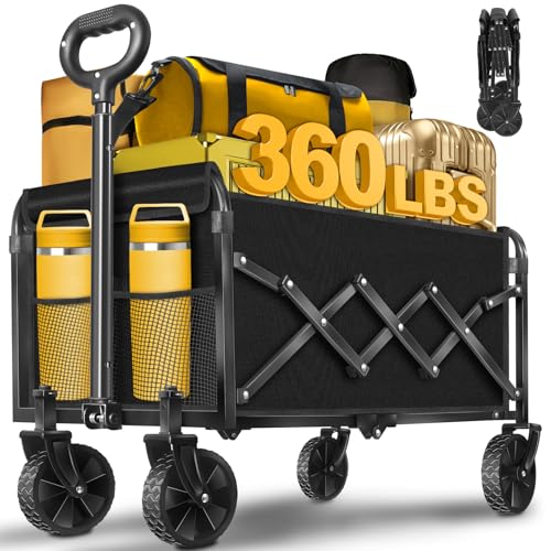 Wagon Cart Foldable, 360Lbs Collapsible Wagon Cart with Wheels Portable, Outdoor Utility Carts for Groceries, Camping, Sports, Garden, Shopping, Black - color: Black-360lbs