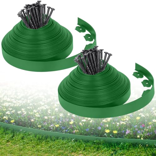 2-Inch x 100 FT Landscape Edging Border with 150 Stakes, Plastic Edging for Landscaping Garden Edging Border, Flexible Landscaping Edging for Garden Flower Beds Yard Lawn Pathway Paver (Green) - color: Green, size: 2 In x 100 FT