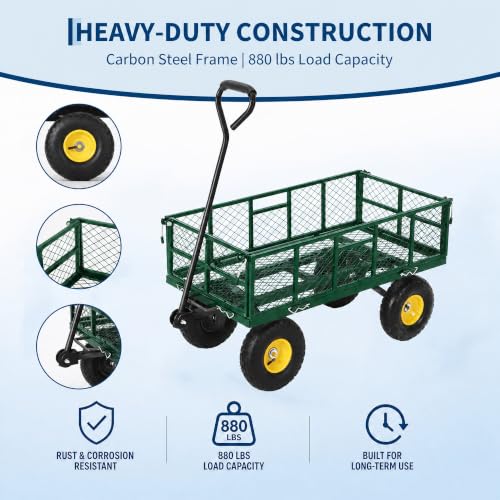 Steel Garden Dump Cart, 900LBS Garden Wagon with Removable Sides - color: Green