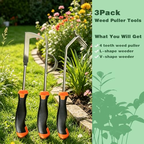 3 Pack Manual Garden Weeder Tool, Stainless Steel Weed Puller, Anti-Slip Rubber Handle Weed Remover for Lawn, Yard, Flower Beds & Outdoor Gardening