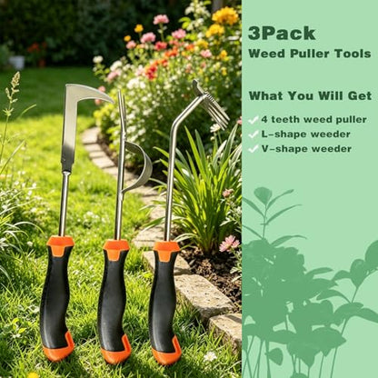 3 Pack Manual Garden Weeder Tool, Stainless Steel Weed Puller, Anti-Slip Rubber Handle Weed Remover for Lawn, Yard, Flower Beds & Outdoor Gardening
