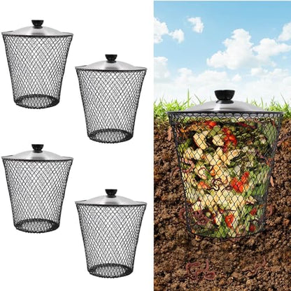 4 Pack In Ground Compost Bin Outdoor, Metal Worm Compost Bin with Lid for Organic Refuse, Worm Farm for Garden, Vegetable Patch, Backyard, Greenhouse