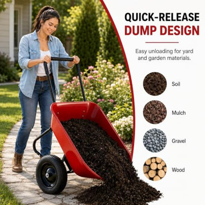 Enlarged Dual-Wheel Wheelbarrow, Easy Loading and Dumping Garden Cart, Heavy Duty Utility Dump Cart for Lawn, Yard, Farm, Gardening & Planting (Red) - color: Red