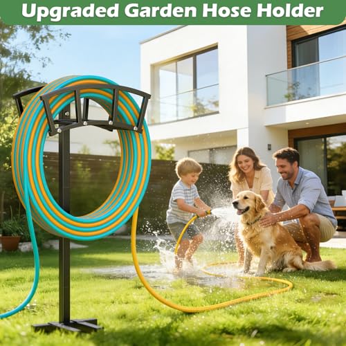 OLV Garden Hose Holder 4 Spikes, Heavy Duty Freestanding Water Hose Holder Stand Holds 150-ft Hoses, Detachable Outdoor Metal Storage Hanger Organizer Rack for Outside Yard Lawn Farm - color: All Black