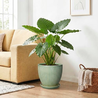 Ceramic Flower Pots, 10 Inch Plant Pot with Saucer, Green - color: Green, size: 10 Inch
