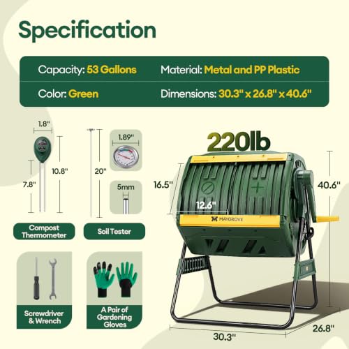 MAYGROVE Outdoor Compost Bin 53 Gallon Dual Chamber Composting Tumbler - color: Green, size: 53 Gallon
