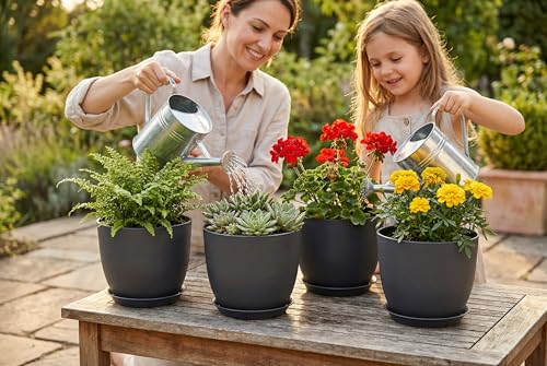 8 Inch Plant Pots Set of 4, Plastic Planters with Drainage Holes and Tray, Flower Pots for Indoor Outdoor Plants and Flowers (Black) - color: Black