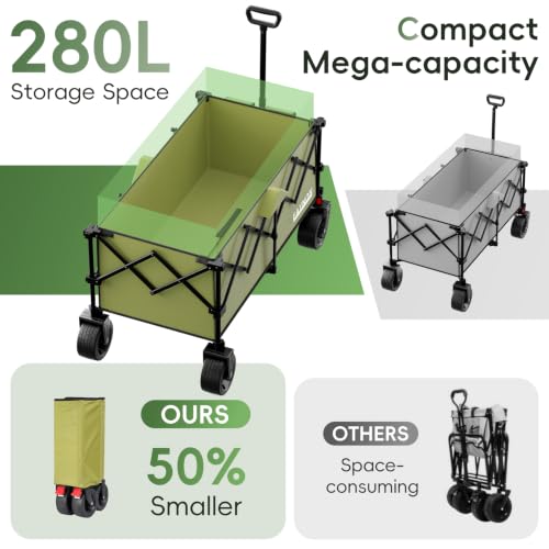 46" L Collapsible Foldable Extended Wagon, 500LB Weight Capacity with 280L Heavy Duty Folding Cart,Utility Wagon with All-Terrain Beach Wheel & Drink Holders,Green - color: Green