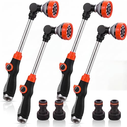 Hushee 4 Pack 18.5-Inch Metal Watering Wand with 180° Rotating Head, 8 Adjustable Spray Patterns & Thumb Control Nozzle – Perfect for Hanging Baskets, Shrubs & Plants, Durable Garden Hose Sprayer