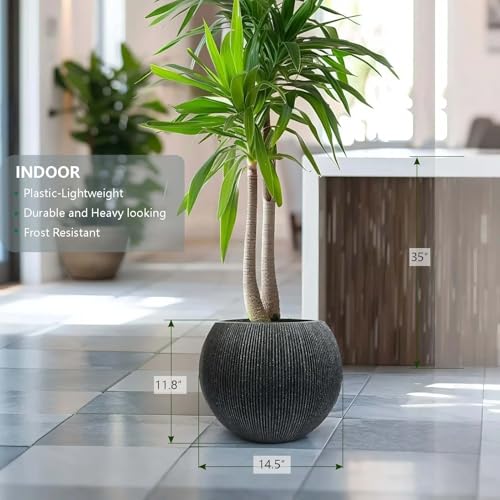 11.8" H x 14.5" Dia Large Round Plastic Black Planter with Drainage & Plug - color: Mediterranean Black