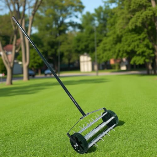 Rolling Lawn Aerator, 57" Manual Push Spike Aerator with 1.4" Rolling Spikes, Heavy Duty Lawn Aeration Tool, Galvanized Steel Soil Aerator for Garden Yard Grass, Lawn Care and Landscaping
