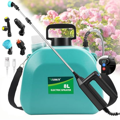 Battery Powered Sprayer 2 Gallon, 2026 Upgrade Electric Sprayer with 3 Adjustable Speed, Battery Indicator, 4 Mist Nozzles, Rechargeable Retractable Wand with Adjustable Shoulder Strap for Lawn Garden - color: Green