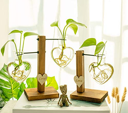 Kingbuy Hydroponic Glass Vase Vintage Desktop Plant Terrarium Planter Bulb Vase Water Planting Propagation Vase Planters Hydroponics Plants with Retro Wooden Stand Home Garden. (D(1 Heart Vase)) - size: Heart （1 Bulb Vase）
