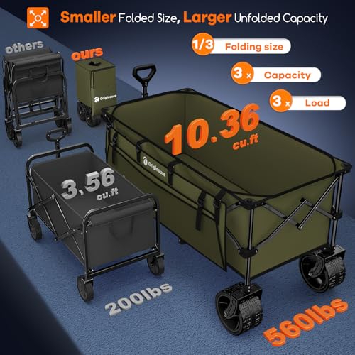 Originsure 300L Beach Wagons Carts Foldable with Big Wheels, 560lbs, Green - color: Green