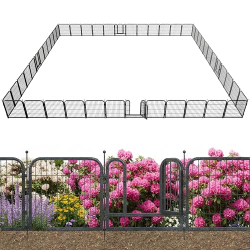 Decorative Garden Metal Fence 110ft (L)×32in (H) with 42 Panels 6 Gates Outdoor, No Dig Rustproof Wire, Animal Barrier Fencing for Outdoor Yard Patio Flower Bed,（Black-Silver） - size: 32in(H)x110ft(L)