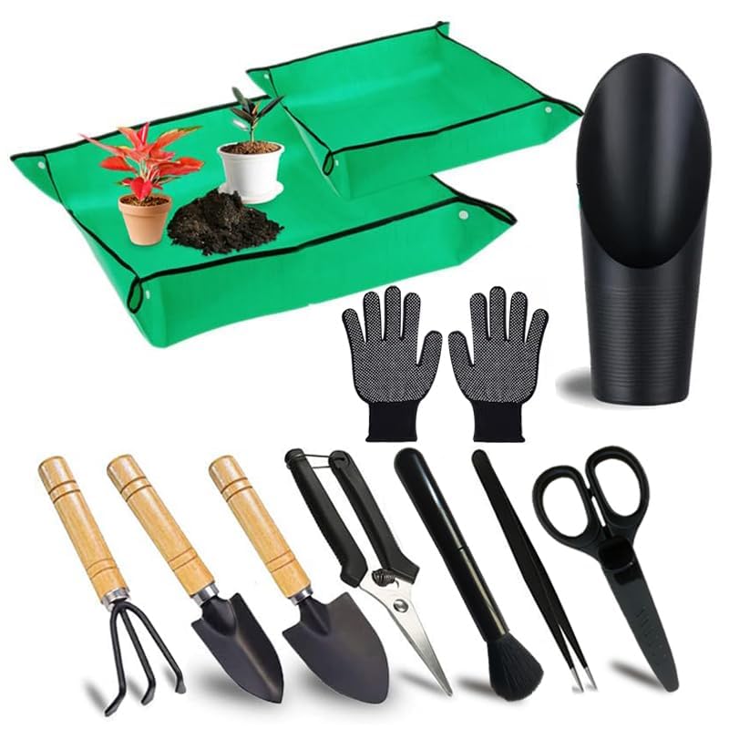 WNJ Plant Repotting Mat for Garden, 2 PCS Waterproof Potting Mats, Foldable Indoor Plant Mat, Portable Mini Garden Tool Set, 12 PCS Succulent Garden Tool Set,Square Garden Potting Tray,Gifts for Women