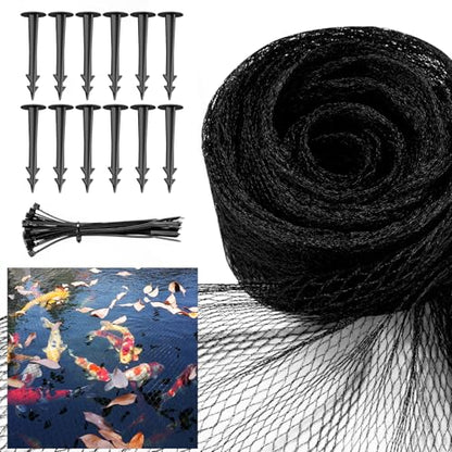 Pond Netting for Koi Ponds, 7 x 10ft Koi Pond Net Cover, Durable & Sturdy Pond Netting Cover for Leaves, Protect Koi Fish Against Herons, Raccoons, Cats & Predators, 12pcs Stakes Included - size: 7 × 10 ft