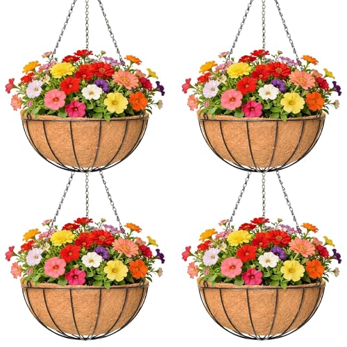 4 Pack 16 Inch Metal Hanging Planter Basket，Natural Round Coconut Hanging Plant Flower Pot，Coconut Coir Planter for Hanging Basket Flowers/Vegetables Home Garden Patio Decoration Watermelon - size: 16 Inch, style: Watermelon