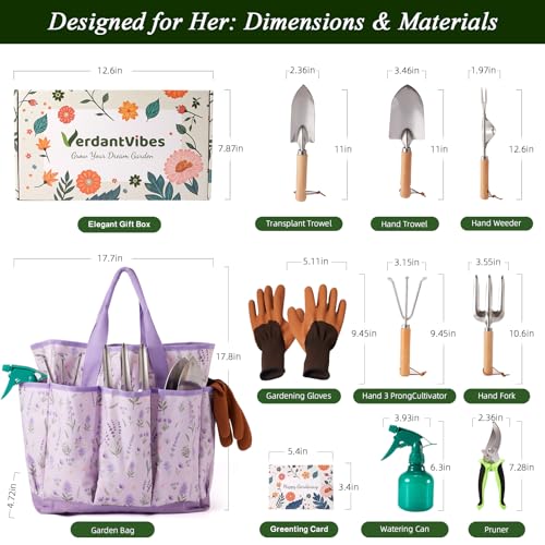 VerdantVibes Gardening Tool Set - 10 Piece Stainless Steel Garden Tools with Wood Handle, Pruners & Purple Lavender Print Tote Bag - Heavy Duty Gardening Gifts for Women Mom & Purple Lovers - color: Purple