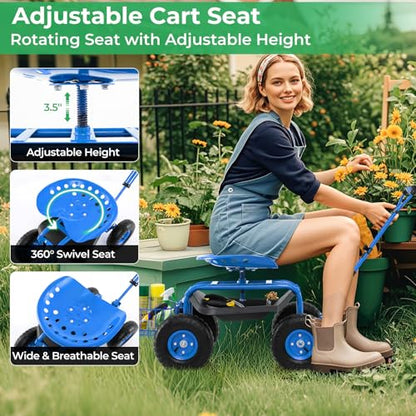 Garden Seat with Wheels, Rolling Stool with Extendable Handle, Storage Basket & Tool Tray, Garden Scooter with 360 Degree Swivel Seat for Outdoor & Yard (Blue) - color: Blue