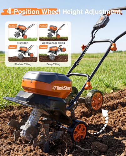 12 Inch Electric Tiller Cultivator, 40V Cordless Tiller for Gardening with 2 * 5.0 Ah Batteries, 8 Inch Depth Rototillers Battery Powered with Adjustable Wheels for Lawn Yard Weeding Soil Cultivation - size: 12"x8"
