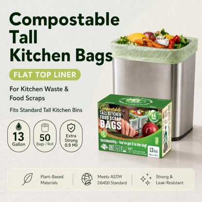 UNNI Compostable Bags, 13 Gallon, 50 Count, 49.2 Liter, Extra Thick 0.9 Mil - size: 50 Count (Pack of 1), style: 13 Gallon