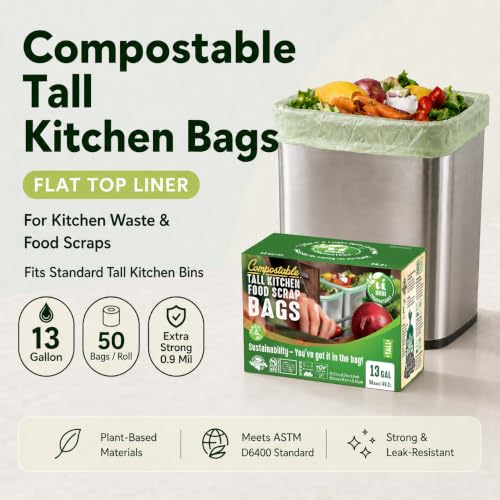 UNNI Compostable Bags, 13 Gallon, 100 Count, 49.2 L, Extra Thick 0.9 Mil - size: 100 Count (Pack of 1), style: 13 Gallon