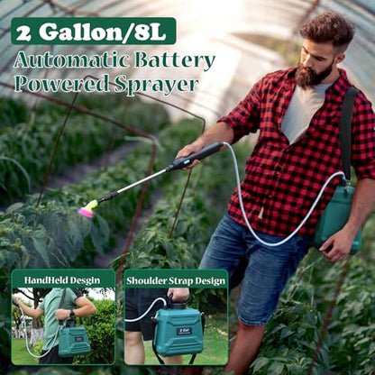 Battery Powered Sprayer 2 Gallon, Powerful Electric Garden Sprayer with 3 Mist Nozzles, USB Rechargeable Handle, Retractable Wand and Adjustable Shoulder Strap for Irrigation, Weeding(Green) - color: Green
