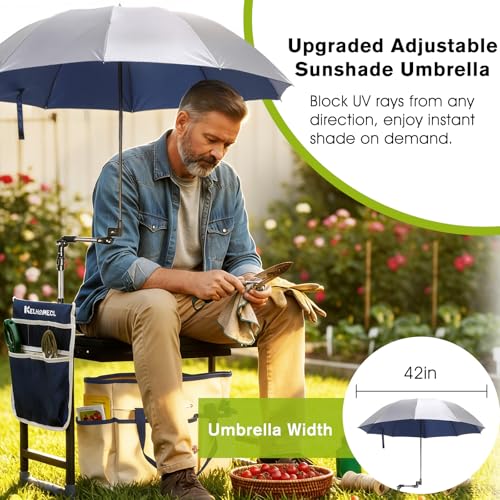 Garden Kneeler and Seat with Umbrella,Heavy Duty Gardening Bench and Stool - color: Beige & Blue