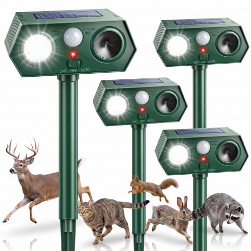 2026 Upgraded Solar Ultrasonic Animal Repeller Outdoor,Deer Repellent Devices with Motion Sensor & LED Flashing Light, Cat Deterrent for Yard,Garden,Rabbit, Squirrel, Raccoon, Dog,4 Pack Green