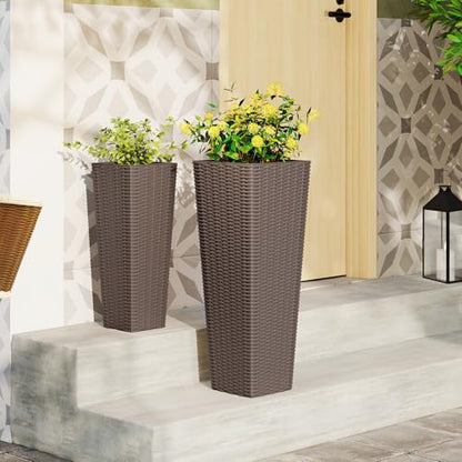 HAPPYGRILL Rattan Tall Planter Set of 2 with Removable Inner Trays - color: Brown