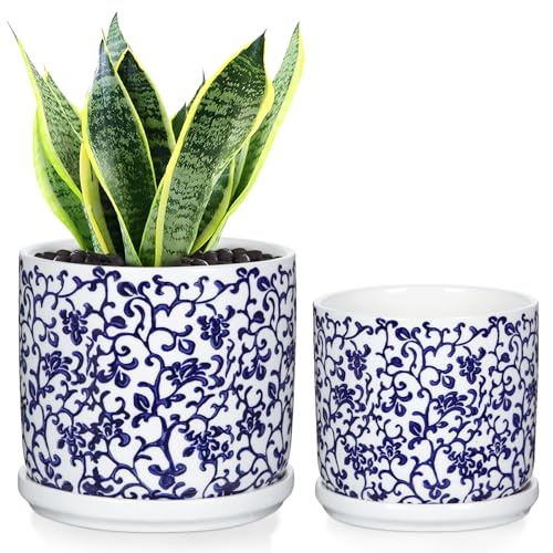 Set of 2 Blue and White Ceramic Plant Pots with Drainage Hole and Saucers, Retro Blue Porcelain Vase Round Planters for Succulent Cactus Indoor Outdoor Garden Home Desktop Decor, 4.5+5.5 Inch - color: Style 4