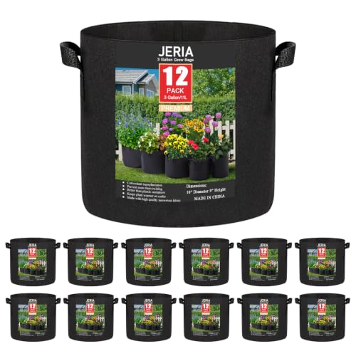 JERIA 12-Pack 3 Gallon Grow Bags, 300G Thickened Nonwoven Garden Pots,Heavy Duty Fabric Pots with Reinforced Handles - size: 3 Gallons