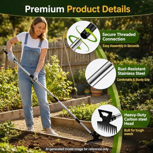Weed Puller Tool with 61" Long Handle, 2-in-1 Garden Hoe & Weed Rake