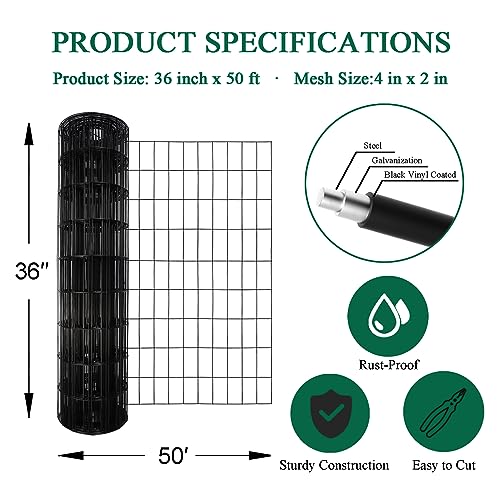 Black PVC Coated Welded Wire Fence 36" x 50' Roll, 2"x4" Mesh, 14 Gauge - color: Black, size: 2''x4'' 14GA 36''x50'