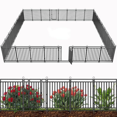 Decorative Garden Fence Large Dog Fence Outdoor for Yard, 72ft (L) × 40in (H), 28 Panels + 4 Gates, Metal Animal Barrier Fencing for Patio & Flower Bed, No Dig, Black-Silver - size: 40in(H)x72ft(L)