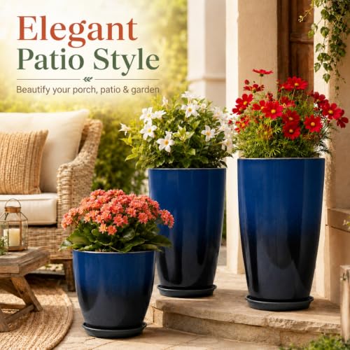 Neoaider Set of 3 Tall Planter, 24/21/12in Large Plastic Planter, Dark Blue - color: Dark Blue